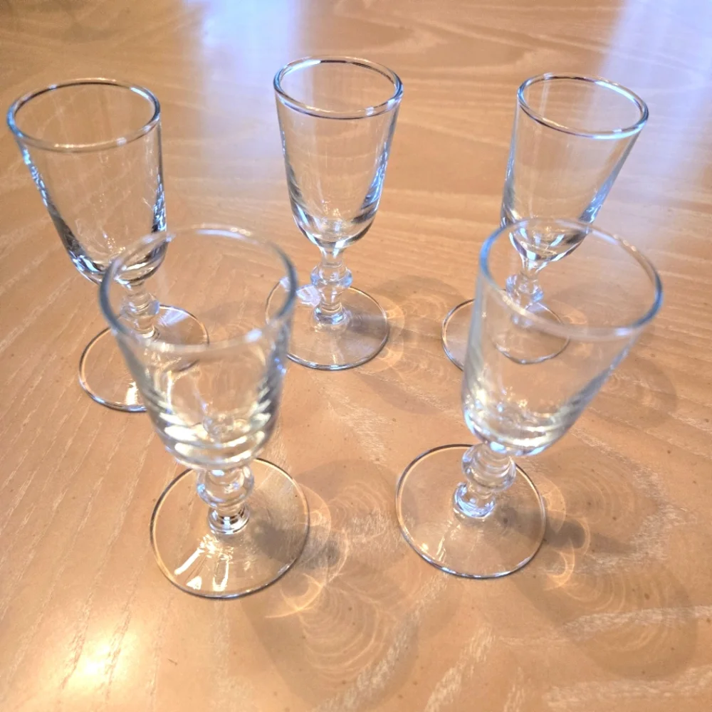 Vintage 5-Piece Mid-Century Ribbed Rim Cordial Glasses Ornate Stemware